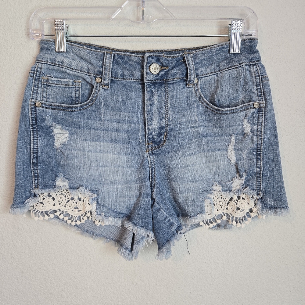 Altar'd State Distressed Lace Accent Stretchy Medium Wash Denim Shorts Size 26